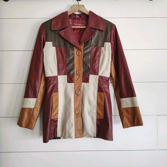 Vtg 90s Y2K Jacket Size M Patchwork Boho Vegan Faux Leather Lined Button Front - Picture 1 of 11